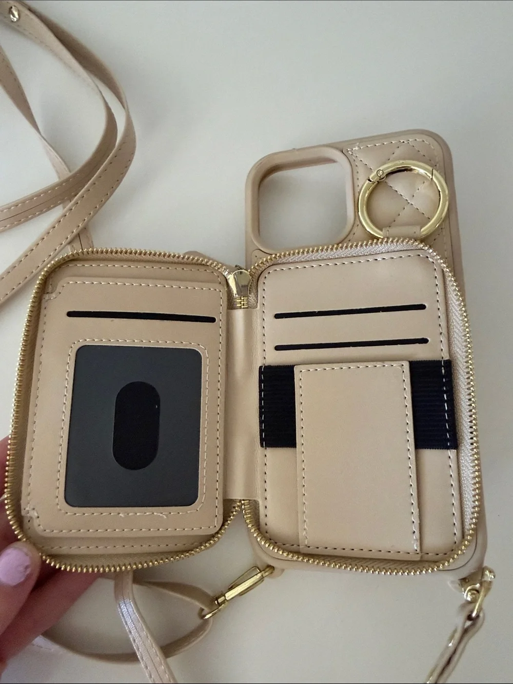 Quilted Crossbody Phone Bag in Beige with Gold Hardware iPhone 12